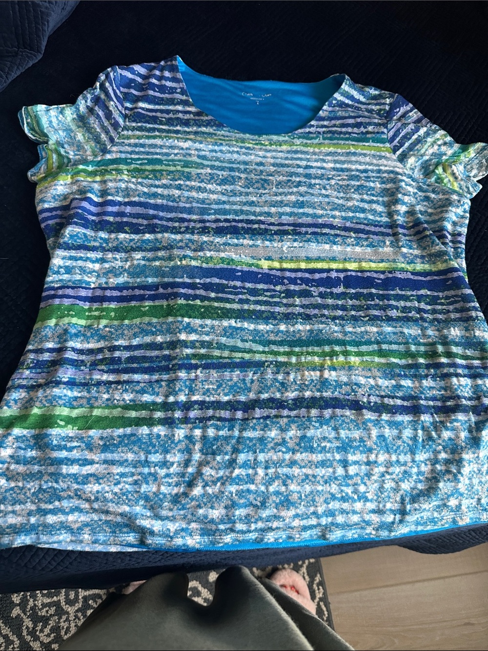 Coldwater Creek Blue & Green Striped Short Sleeve Top